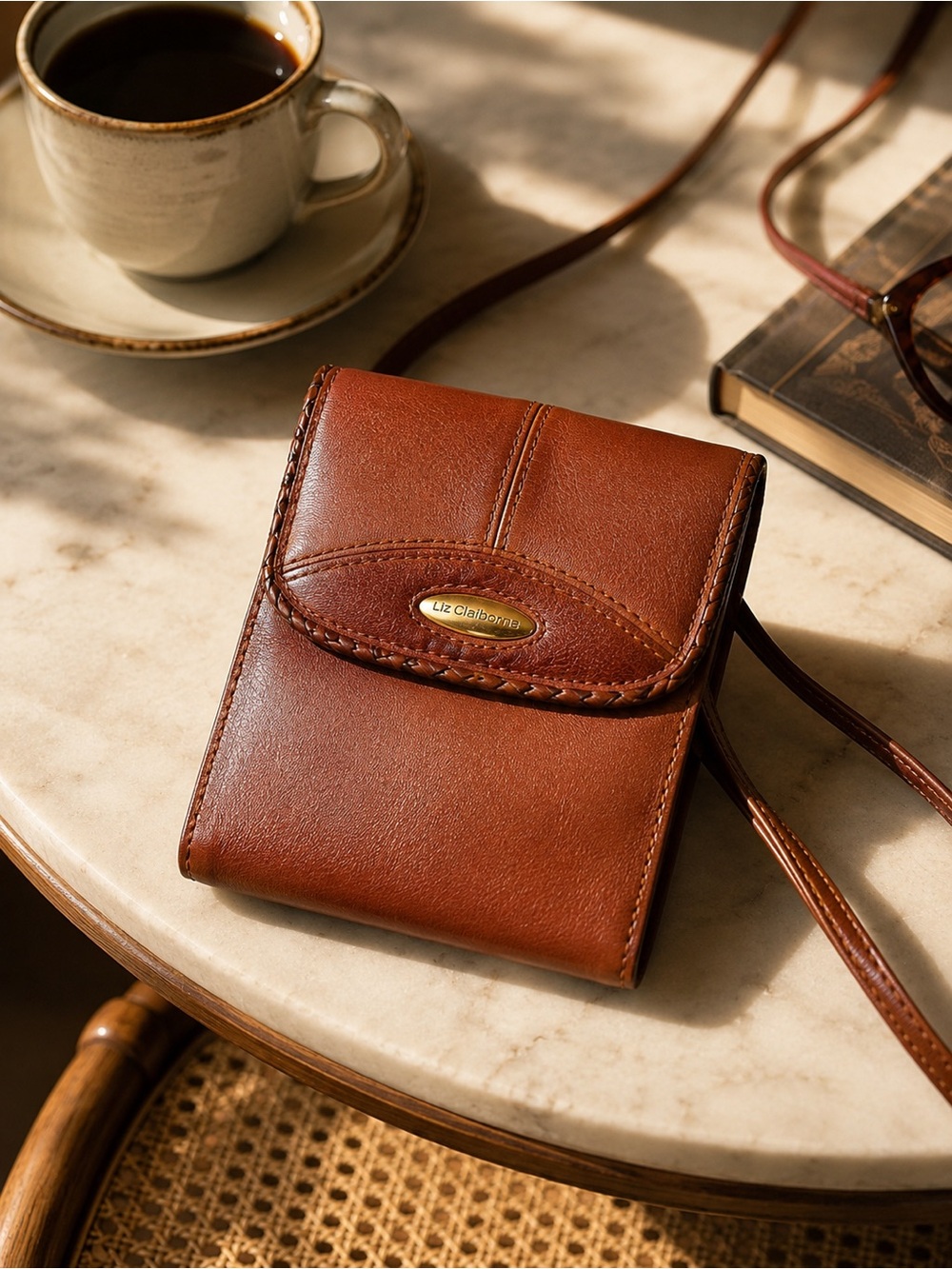 Liz Claiborne Vintage Leather Crossbody Wallet Purse Cognac Brown Braided Trim
